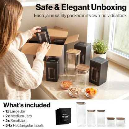 EDELHAUS Glass Storage Containers with Acacia Lids and Labels - Set of 5 | Extra Thick Square Glass Canisters with Acacia Wood Lids and 54 Pre-printed Pantry Labels keeps dry Goods Fresh and Organized