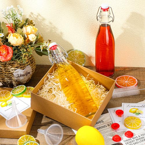 Maxcheck 6 Pack 16 oz Glass Limoncello Bottles with Lemon Labels Stickers and Swing Top Lids, 500ml Empty Clear Lemoncello Bottles with Funnel Brush Spacer for Limoncello Gift Giving