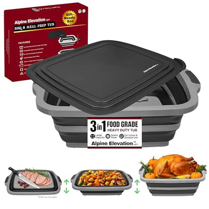 Collapsible X-Large (16L) BBQ Marinating Tub w/ Cutting Board | Multipurpose Food-Grade TPE Prep Tub w/ Lid | Built-In Colander & Drain Plug - For Camping | Tailgate | Picnic - Slate Black - size: X-Large