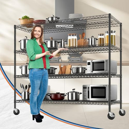 4 Tier Heavy Duty Wire Garage Shelving with Wheels, 2200 LBS Capacity, 24"D x 56"W x 75"H, Adjustable Metal Storage Rack, Industrial Shelves for Warehouse, Kitchen, Garage, Pantry and Utility Room