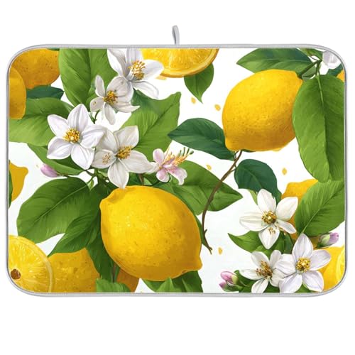 Yellow Lemon and White Flower Dish Drying Mat Super Absorbent Drying Mat 18x24 inch Large Dish Drying Mats for Kitchen Counter Dish Drying Pads Kitchen Drying Matt for Countertop - color: Yellow Lemon and White Flower, size: 18" x 24"