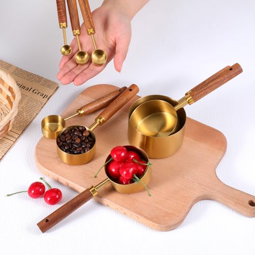Stainless Steel Measuring Cups Set and Measuring Spoons Wooden Handle Metal Measure Cups and Spoons for Cooking and Baking, Gold, 8 Piece - color: Gold
