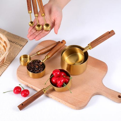 Stainless Steel Measuring Cups Set and Measuring Spoons Wooden Handle Metal Measure Cups and Spoons for Cooking and Baking, Gold, 8 Piece - color: Gold