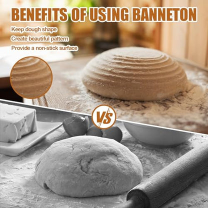 Dimpola Banneton Bread Proofing Basket - 9 inch Banneton Basket Set of 2 Sourdough Proofing Basket Round Proofing Bowls Handmade Rattan Baskets and Liners - style: Round 9 inch set of 2
