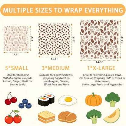 Reusable Bee&Floral Beeswax Wraps, 9 PCS Eco-Friendly Food Storage, Organic Cotton Sandwich, Snack, Bowl Covers, Zero Waste, Plastic-Free, Sustainable, 1XL, 3M, 5S - color: Brown Leaves Flowers Bees