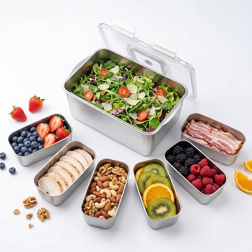Family Size 304 Stainless Steel Food Storage with 6 Divided Compartments & Individual Lids – 240oz Meal Prep Container for Roasting Turkey, Bread, Fruits – Oven Safe, BPA Free, Dishwasher Safe - size: 7000ml + 6 Small Containers Set