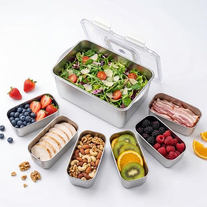 Family Size 304 Stainless Steel Food Storage with 6 Divided Compartments & Individual Lids – 240oz Meal Prep Container for Roasting Turkey, Bread, Fruits – Oven Safe, BPA Free, Dishwasher Safe - size: 7000ml + 6 Small Containers Set