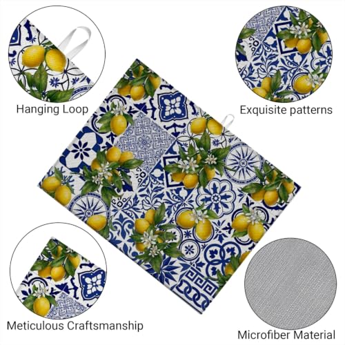 Absorbent Kitchen Dish Drying Mat Quick Dry Heat Resistant Hide Stain for Glasses Coffee Espresso Machines Pots Pans and Dish Racks,18" x 24" Blue White Lemon Tile Bohemia Pattern - color: Blue White Lemon Tile Bohemia