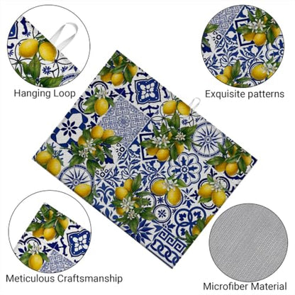 Absorbent Kitchen Dish Drying Mat Quick Dry Heat Resistant Hide Stain for Glasses Coffee Espresso Machines Pots Pans and Dish Racks,18" x 24" Blue White Lemon Tile Bohemia Pattern - color: Blue White Lemon Tile Bohemia