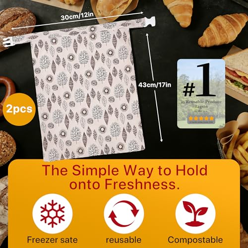 Reusable Beeswax Bread Bags Sourdough - Large Linen Bees Wax Bag for Storage Homemade Loaf - Cotton and Waxed Wrap Lined Container Lined for Sour Dough Fresh Food - Sealable Bread Keeper 2PK Set Gifts