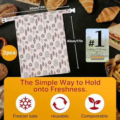 Reusable Beeswax Bread Bags Sourdough - Large Linen Bees Wax Bag for Storage Homemade Loaf - Cotton and Waxed Wrap Lined Container Lined for Sour Dough Fresh Food - Sealable Bread Keeper 2PK Set Gifts