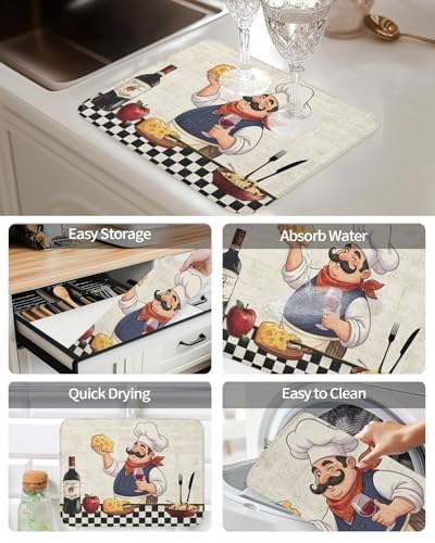 Dish Drying Mat for Kitchen Counter,Smiling Chef Cheese Wine Absorbent Microfiber Drainer Rack Pad Retro Kitchen Art Quick Dry Mat for Sinks Dishes Utensils 16x18in,2 Pack - size: 16x18inx2pcs