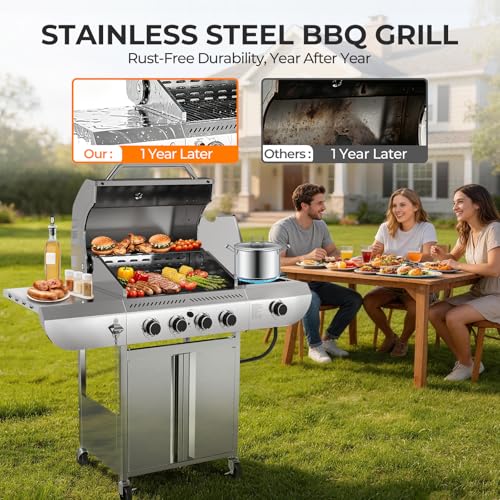 Kismile 4-Burner Propane Gas Grill with Side Burner, Stainless Steel 42,000 BTU BBQ Grill, Enameled Baking Rack & Enamel Grates, Barbecue Grill for Outdoor Cooking, Backyard, Patio, Deck Camping