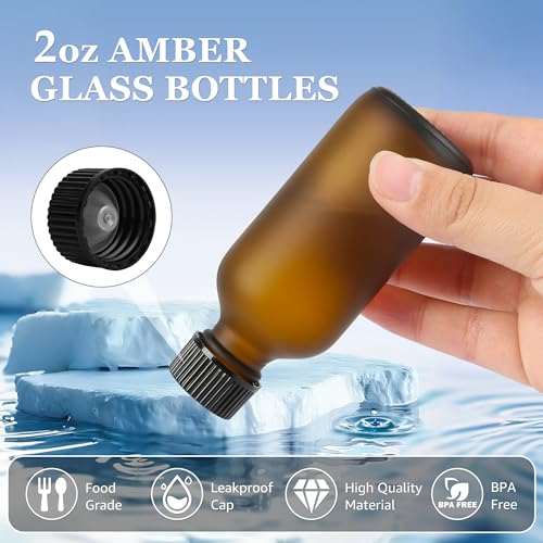 ZBCCCEOB 2 oz Small Glass Bottles with Lids, Boston Round Shot Bottles for Ginger Juice, Essential Oils - Leak Proof Mini Travel Containers(Amber Frosted, 24Pack) - color: Amber Frosted, size: 2oz 24