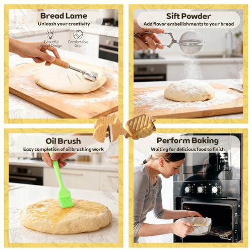 Sourdough Starter Kit,Sourdough Bread Baking Supplies(Green),10 Inch Oval & 9 Inch Round Banneton Bread Proofing Basket Set with Sourdough Starter Jar,Sourdough Kit Gifts for Baking Lovers