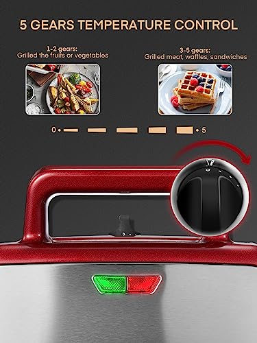 FOHERE Waffle Maker 3 in 1 Sandwich Maker 1200W Panini Press With Removable Plates and 5-gear Temperature Control, Non-stick Coating Easy to Clean,Indicator Lights, Red - color: Red