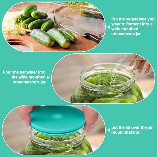 Wide Mouth Mason Jar Fermentation Lids – Silicone Fermenting Caps with Waterless Airlock, Self-Burping Fermenter Tops for Pickles, Kimchi, and Probiotic Foods, 3 Pack Mint (Jars Not Included) - color: Mint