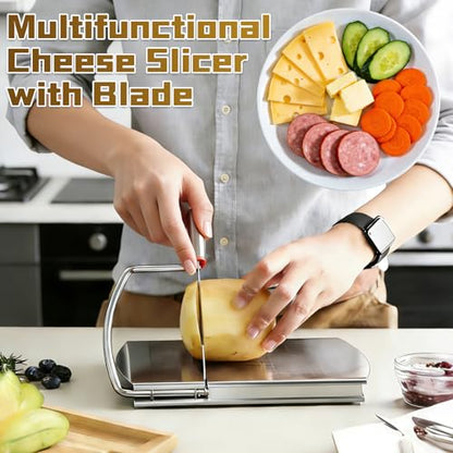 Stainless steel cheese slicer, metal cheese knife, and cutting board with measurements—perfect for slicing block cheese