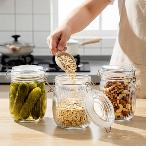 25 oz Wide Mouth Glass Mason Jars with Airtight Lid 6 Pack, Glass Canister, Striped Clip Fastening Jar for Kitchen Storage Canning, Oat, Coffee, Pasta, Snack, Nut, Candy and Pickling Food - size: 25oz