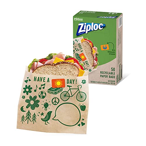 Ziploc Paper Sandwich and Snack Bags, Recyclable & Sealable with Fun Designs, 50 Bags Total - size: 50 Count (Pack of 1)