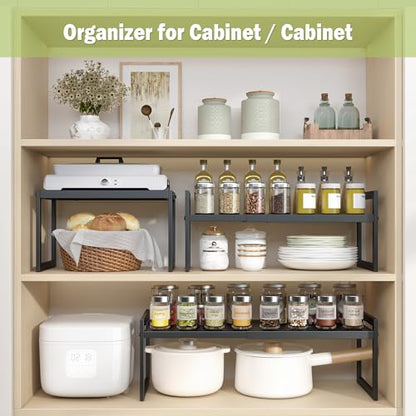 DOLALIKE Expandable kitchen Countertop Organizer, Stackable Cabinet Shelf Organizers, Space Saving Spice Rack Pantry Storage for Bathroom Office (Black, 1 Pack) | Space Saving Metal Pantry Storage Racks for Kitchen Spice Rack Pans and Untensils Bathroom O