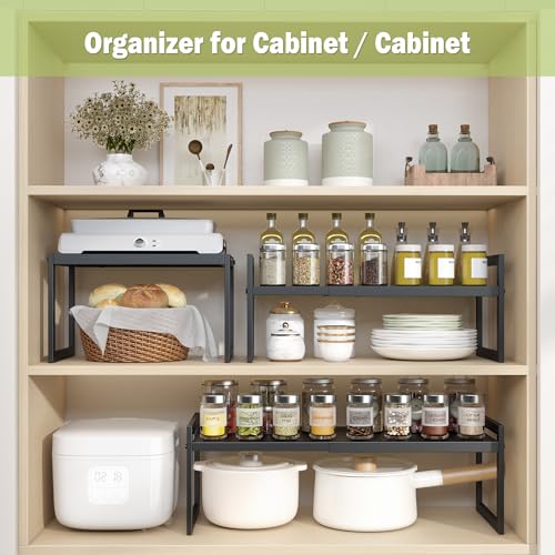 DOLALIKE Expandable Kitchen Countertop Organizer, Stackable Cabinet Shelf Organizers, Space Saving Spice Rack Pantry Storage for Bathroom Office Organization (Black, 2 Pack) | Space Saving Metal Pantry Storage Racks for Kitchen Spice Rack Pans and Untensi