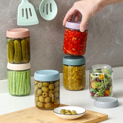 NETANY 6-pack 16 oz Overnight Oats Containers with Lids, Glass jars with Airtight Lids, Wide mouth Mason Salad jars, Glass Food Storage Containers for Snacks Yogurt Spice Sugar - color: Multicolor- 16 oz (6 Pack)
