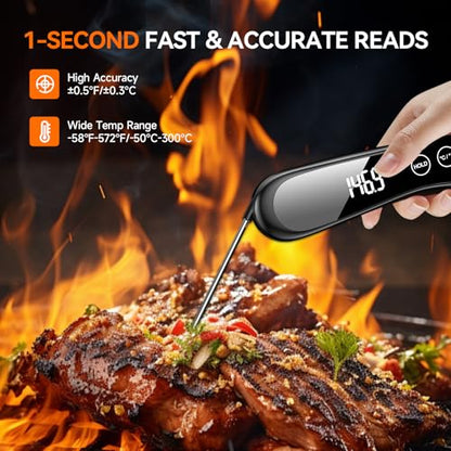 Meat Thermometer Digital 1 Second Instant Read Food Thermometer for Cooking Grilling, Candy, Fry, BBQ, Turkey, IP67 Waterproof 180° Folding Probe Large Backlit Display Thermometer