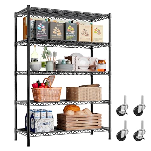 REIBII 73''H Storage Shelves 1660LBS Wire Shelving Unit with Wheels 5 Tier Metal Shelving,Heavy Duty Metal Shelves for Storage Rack,Commercial Industrial for Garage Kitchen 73''HX35''WX15''D,Black - color: Black, size: 73"H x 35"W x 15"D 5 Tier