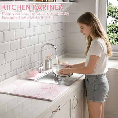 3 PCS Large Stone Dish Drying Mat for Kitchen Counter -24"x16" Absorbent Diatomaceous Earth Mat with Stone Faucet Mat & Soap Tray - Quick Dry, Collapsible, Non-Slip Countertop Organizer - color: PINK Marble