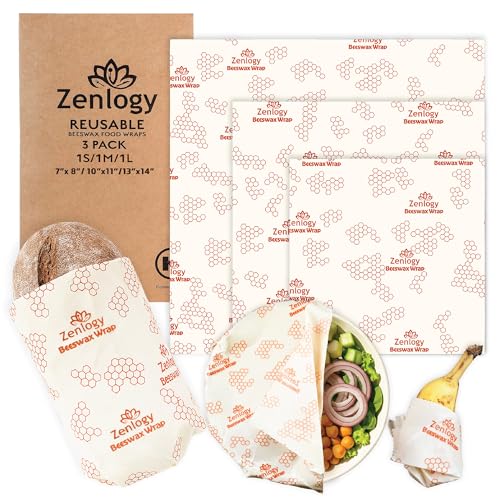 Beeswax Food Wraps 3 Pack (Small, Medium, Large) – Zenlogy Reusable Beeswax Wraps, Organic Cotton & Natural Beeswax, Washable & Plastic Free, Eco Friendly Sustainable Food Storage