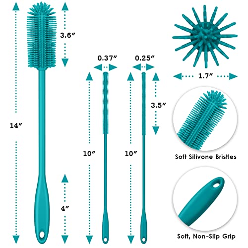 3-in-1 Silicone Bottle Brush and Straw Cleaning Brush Set, Water Bottle Cleaner for Narrow Neck Containers, Tumblers, Flask, Vase and Glassware (Turquoise) - color: Turquoise