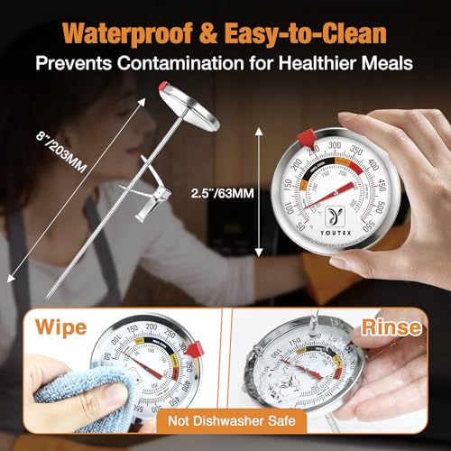2-Pack Candy Thermometer with Pot Clip - Oil Thermometer for Frying, Upgraded 2.5" Waterproof Dial, Tip-Resistant Clip, Temp Marker & 8" Probe for Deep Frying & Candy Making