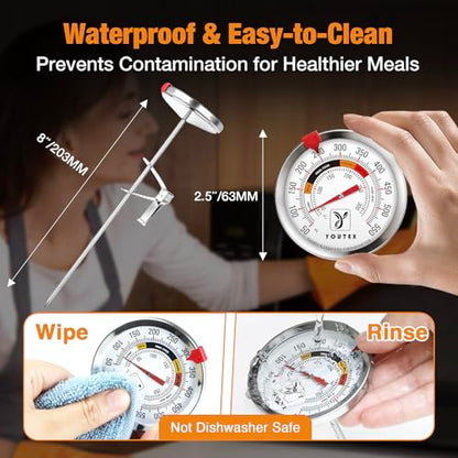 2-Pack Candy Thermometer with Pot Clip - Oil Thermometer for Frying, Upgraded 2.5" Waterproof Dial, Tip-Resistant Clip, Temp Marker & 8" Probe for Deep Frying & Candy Making
