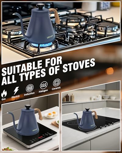 Gooseneck Kettle Stovetop, Blue, 37 fl oz | Thermometer, 3-Layer Base, Pour Over Kettle, Stainless Steel, Compatible with all Stove Tops - color: Blue