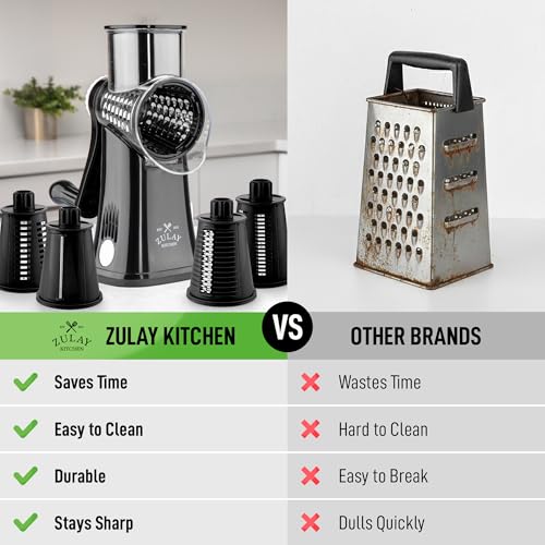 Zulay Kitchen Rotary Cheese Grater 5 Blade Cheese Shredder - Manual Hand Crank Cheese Grater With Reinforced Suction & 5 Interchangeable Drums - Easy to Use, Vegetable Chopper Round Mandoline Slicer - color: Black