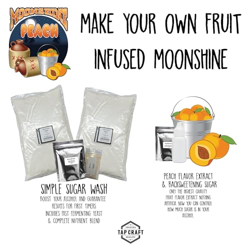 TAPCRAFT No-Boil Peach Moonshine Recipe Kit – Corn Sugar Wash Fermentation Base with Natural Flavoring, Yeast, Nutrient & Instructions, DIY Peach Flavored Moonshine Homebrewing Distillation Recipe Kit
