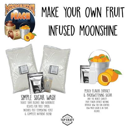 TAPCRAFT No-Boil Peach Moonshine Recipe Kit – Corn Sugar Wash Fermentation Base with Natural Flavoring, Yeast, Nutrient & Instructions, DIY Peach Flavored Moonshine Homebrewing Distillation Recipe Kit