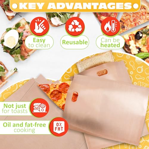 12 Pcs Non-Stick Grilled Cheese Toaster Bags Reusable Up To 50 Times - 6.3" x 6.3" Reusable Toaster Bags for Grilled Cheese Sandwiches and Panini | Mess-Free, Easy to Clean and Heat-Resistant Material