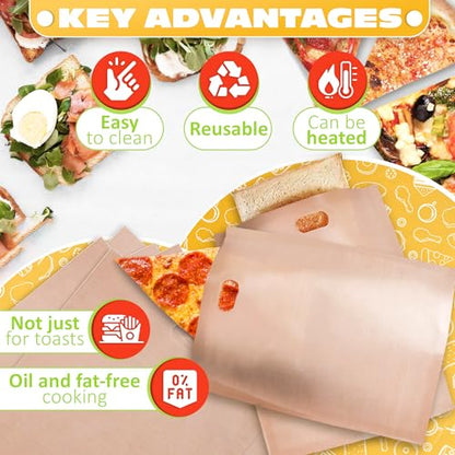 12 Pcs Non-Stick Grilled Cheese Toaster Bags Reusable Up To 50 Times - 6.3" x 6.3" Reusable Toaster Bags for Grilled Cheese Sandwiches and Panini | Mess-Free, Easy to Clean and Heat-Resistant Material