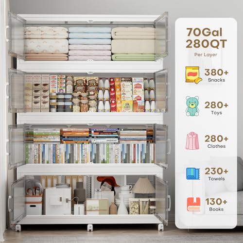 Extra Large Stackable Storage Bins with Lid, 210Gal/840QT Foldable Collapsible Storage Box with Doors, Wheels and Drawers, Plastic Closet Organizer Container for Kitchen, Bedroom, Dorm, 3Pack - size: 70Gal-3Pack