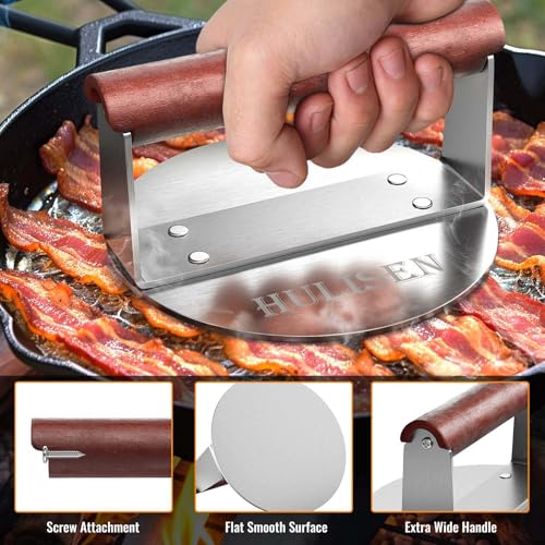HULISEN Burger Smasher, Stainless Steel Smashed Burger Press, 6 Inch Hamburger Press for Griddle, Heavy-Duty Grill Press with Wood Handle, BBQ Accessories Tool, Weights 1.24 lb, Gift Wrapping - size: 6 Inch Round Press