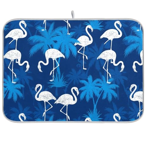 Flamingo Palm Trees Blue Dish Drying Mat for Kitchen Counter Super Absorbent Draining Mat with Non-slip Backed Dishwashing Mat for Dish Bottles Cups Bowl Countertops Sinks Draining Racks