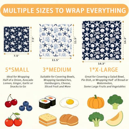 Reusable Beeswax Wraps, Sea Turtle&Starfish Shell Wraps, 9 Pack Eco-Friendly Food Storage, Organic, Sustainable, Zero Waste, Plastic-Free, Sandwich, Bowl, Fruit, 1XL, 3M, 5S - color: Blue Ocean