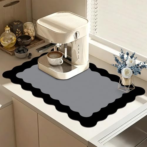 Scalloped Coffee Bar Mat for Countertop, Cute Dish Drying Mats for Kitchen Counter, Diatomite Absorbent Mat for Coffee Station, Kitchen Aesthetic Decor (16"x24", Black) - color: Black, size: 24" x 16"