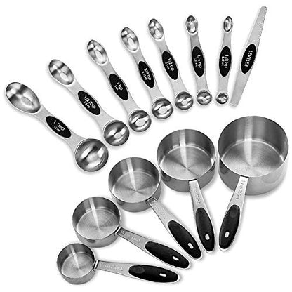 EDELIN Measuring Cups and Magnetic Measuring Spoons Set, Stainless Steel 5 Cups and 7 Spoons (Black) - color: Black