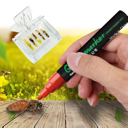 Queen Bee Marking Kit - 5 Standard Colors Marker Pen Set with 4 Clear Plastic Queen Catcher Clips, Safe Gentle Queen Bee for Beekeeping Beginners