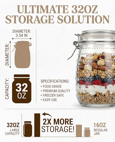 32 oz 6Pack Glass Mason Jars with Airtight Clip-Top Lids, Wide Mouth Reusable Glass Canning Storage Containers Jars for Kitchen, Jams, Pickling, Coffee Beans & Meal Prep (32 oz)