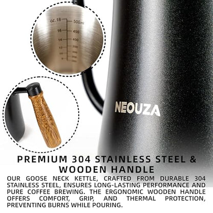 NEOUZA 500ml Gooseneck Kettle, 304 Stainless Steel Stovetop Safe Kettle for Pour Over Coffee and Tea, Precision Spout & Wooden Handle - color: Classic (No Thermometer)