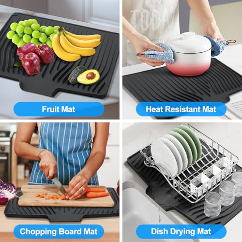 Silicone Dish Drying Mat for Kitchen Countertops and Sinks,19 x13.7 Inch Non Slip Heat Resistant Mat with Built In Drainage System,For Refrigerator and Drawer Liners (black, 19 x13.7 Inch) - color: Black